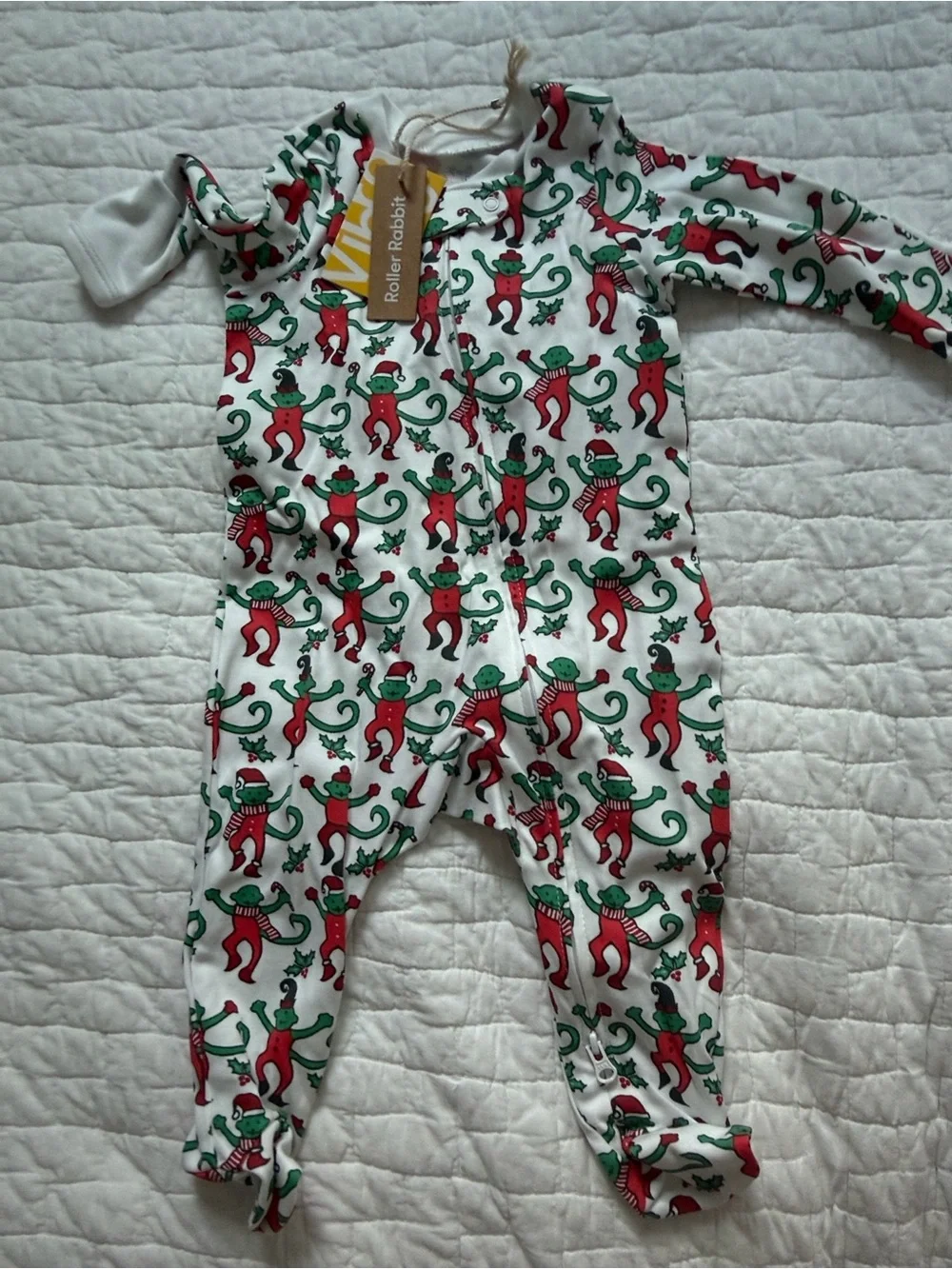 Roller Rabbit White One-Piece Pajamas with Red & Green Monkey Print